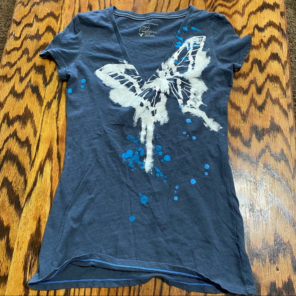 American Eagle Graffiti Butterfly Deep V Tee